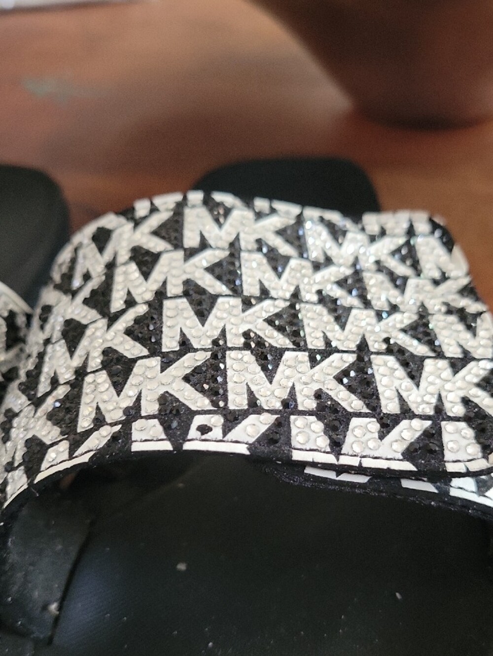 Michael Kors Black Slide Sandals with White MK Logo Strap - Picture 4 of 11